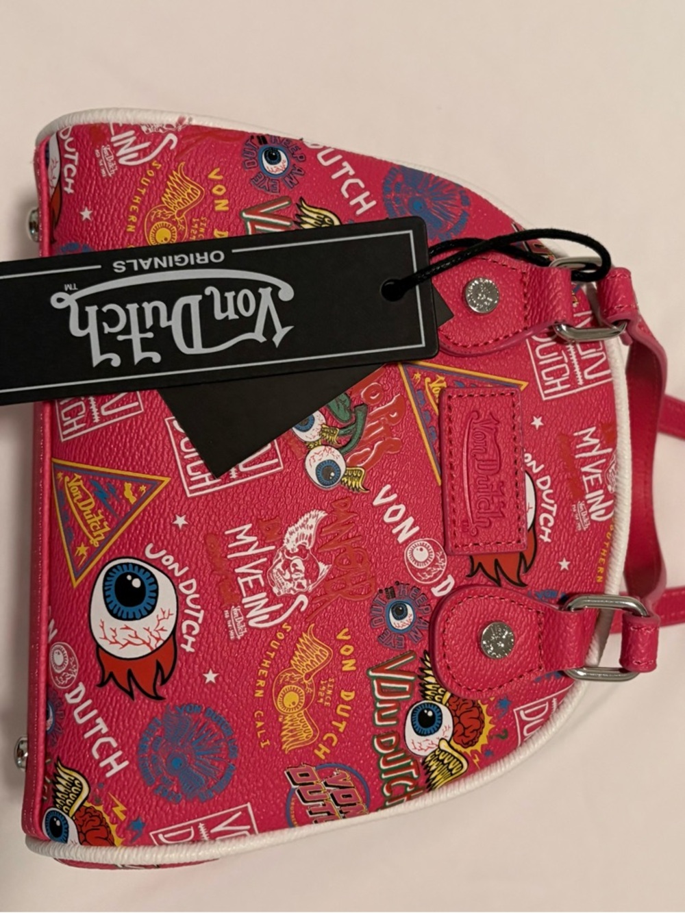 Von Dutch Hot Pink Jax Graphic Mini Bowling Bag with removable strap - New